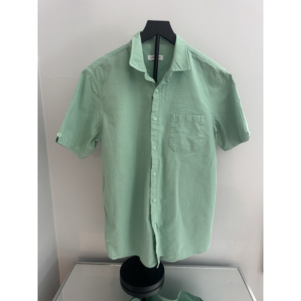 JEKAOYI Men's Linen‎ Blend Button Up Camp Shirt Sz M Green Short Sleeve Casual